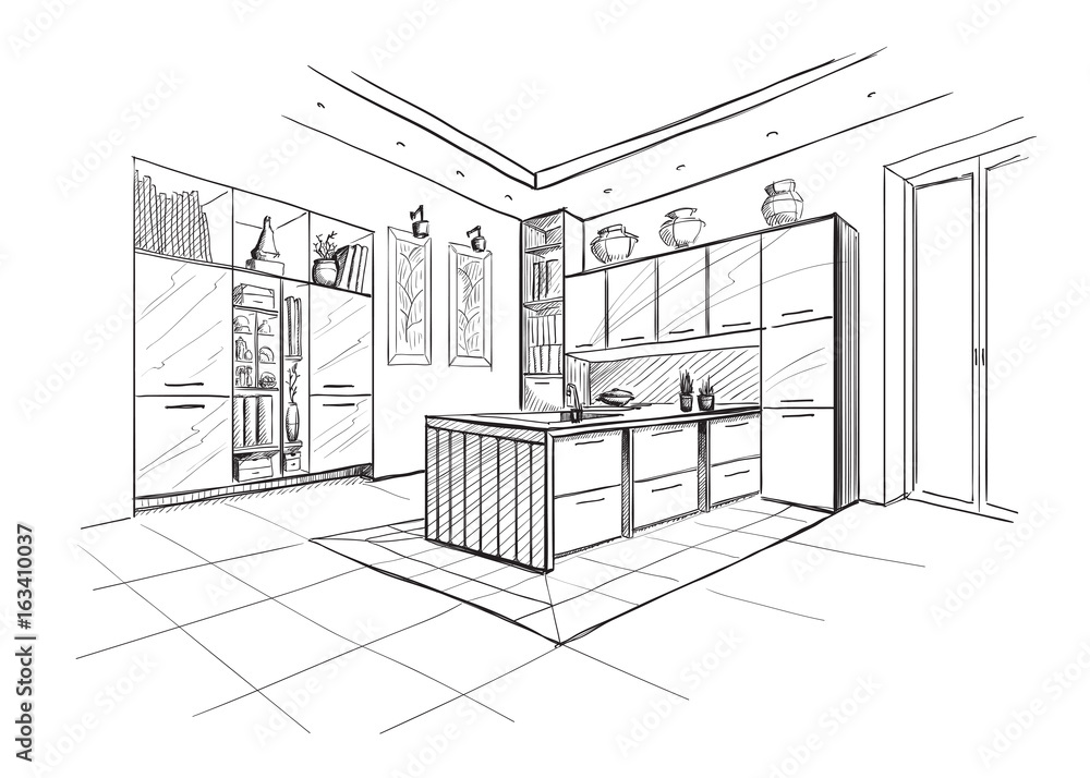 Interior sketch of modern kitchen with island. Stock Vector Adobe Stock