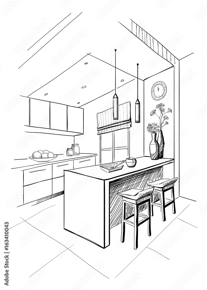 Interior sketch of modern kitchen with island. Stock Vector | Adobe Stock