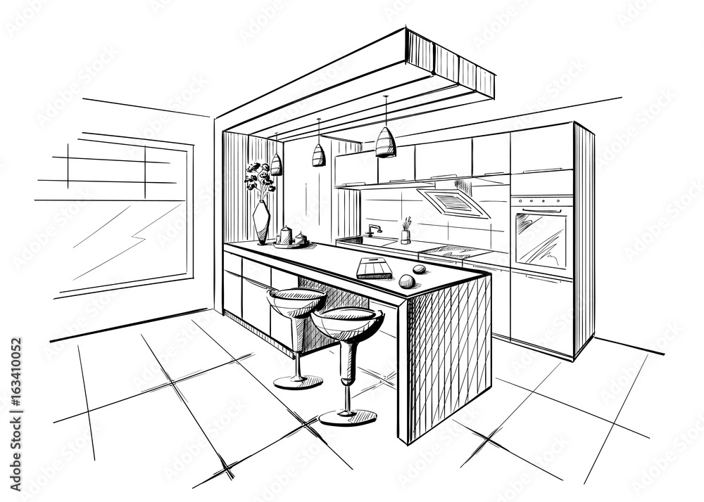 Interior sketch of modern kitchen with island. Interior sketch of modern kitchen with island.