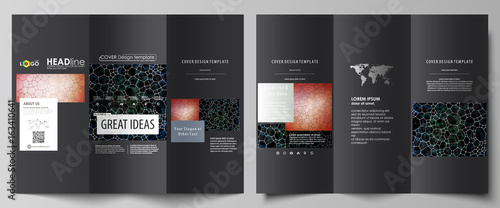 Chemistry pattern, molecular texture, polygonal molecule structure, cell. Medicine, microbiology concept. Tri-fold brochure business templates on both sides. Abstract vector layout in flat design.