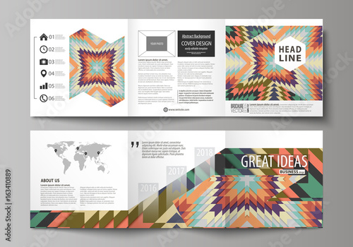 Tribal pattern, geometrical ornament in ethno syle, ethnic backdrop, vintage fashion background. Set of business templates for tri fold square design brochures. Leaflet cover, abstract vector layout.
