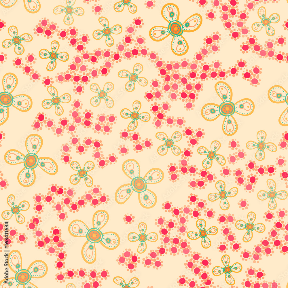 Vector seamless pattern with hand drawn stylized flowers. Cute floral background for textile, fabric, wrapping, scrapbooking. Childish style.