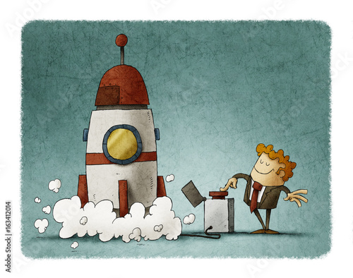 Businessman next to a rocket presses the launch button. Business concept.