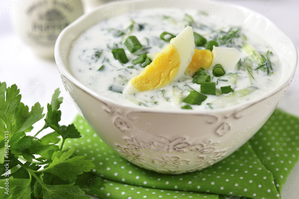 Summer cucumber cold soup with greens and boiled eggs. Summer cucumber cold soup with greens and boiled eggs.