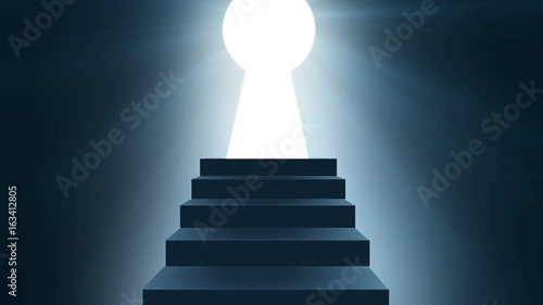 Stairs to light key hole door. Hope And Freedom Concept. Stairway to a bright world shaped of key hole full hd and 4k, Light and Dark Concept. Religion background. Achievement and success concept