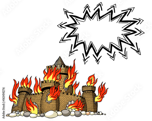 Cartoon image of burning castle. An artistic freehand picture.