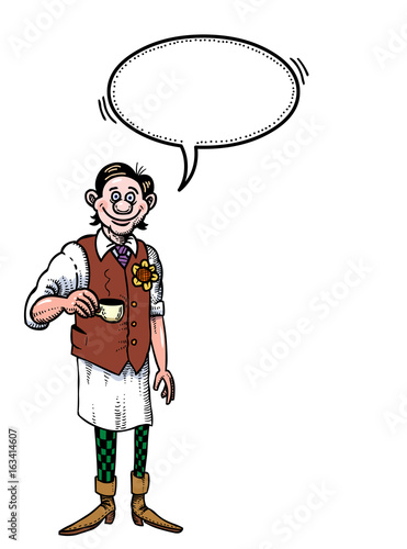 Cartoon image of barista serving coffee. An artistic freehand picture.
