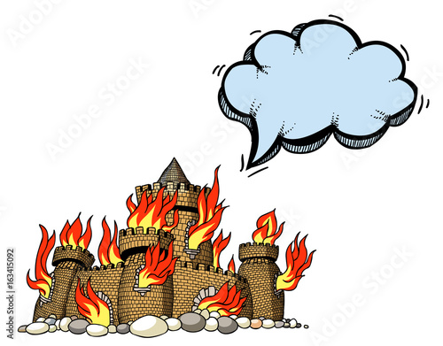 Cartoon image of burning castle. An artistic freehand picture.