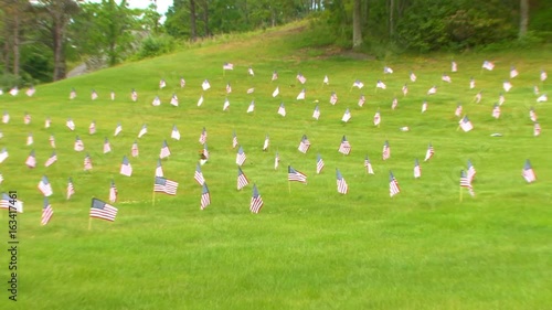 Starts with zoomed in shot of memorial flags with slow zoom out to reveal many flags on hillside to honor veterans photo