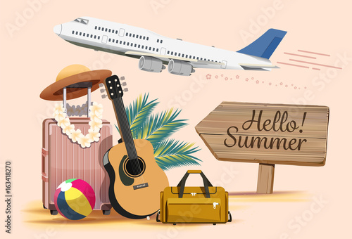 Summer Vacation Design Travel in a Sand Beach Island. The prepare for a plane trip to sea.