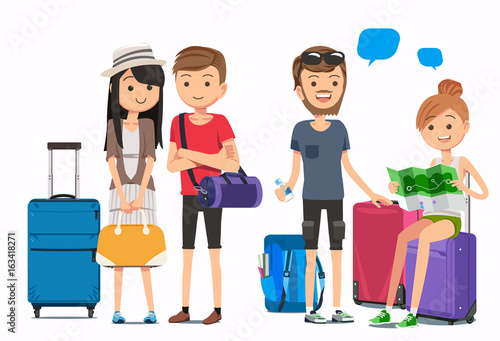 Multicultural travelers. Travel arrangements with airlines. Tourist and luggage in cute style