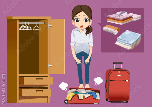 Prepare luggage in chaos. Problems of travel. Tourists rookie.