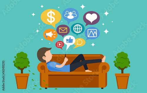 Home alone Concept. Social media Technology. Current communication system with internet by smart-phone. Modern lifestyle.