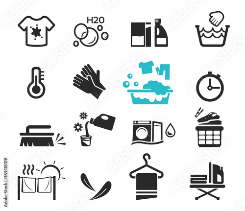 Washing icon set concept. Cleaning day. Happy housework.