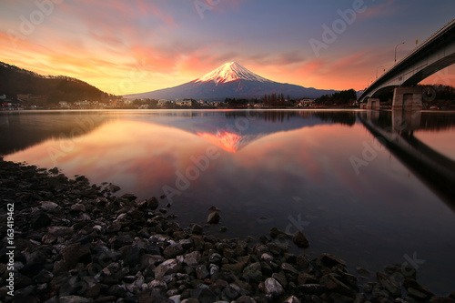 Beautiful scenery during sunrise at Mountain Fuji in kawaguchiko lake of Japan. This is a very popular for photographers and tourists. Travel and Attraction Concept