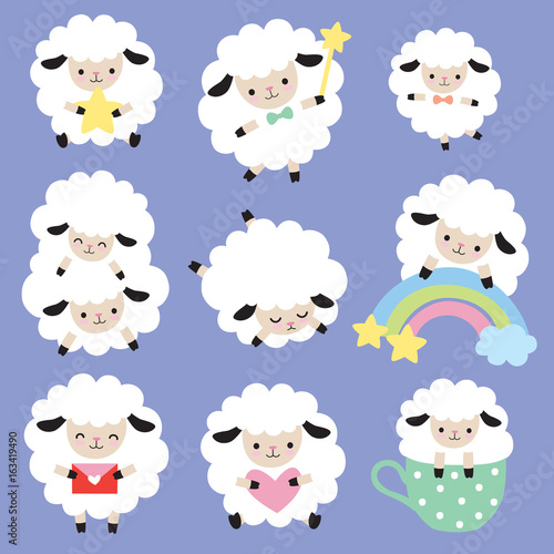 Vector illustration of cute white sheep with heart, star, and rainbow.