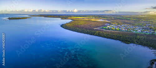 Aerial panoramic view of beautiful coastline near Hastings at dusk. Melbourne, Australia