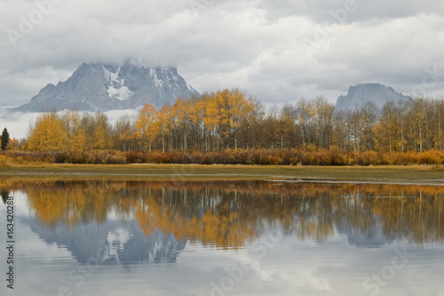 Mt Moran on a fall morning relected on the Sanke river's Oxbow Bend, Grand Teton NP, Wyoming, Panoramic image of Mt Moran on a fall morning reflected on the Sanke river's Oxbow Bend