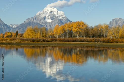 Mt Moran on a fall morning relected on the Sanke river's Oxbow Bend, Grand Teton NP, Wyoming, Panoramic image of Mt Moran on a fall morning reflected on the Sanke river's Oxbow Bend
