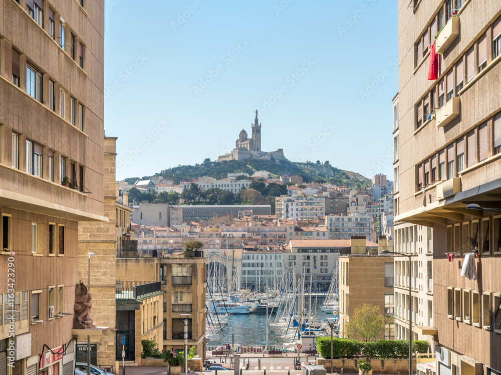 Marseille old port with church