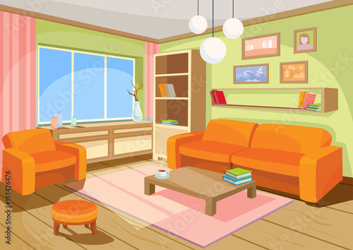 Vector illustration of a cozy cartoon interior of a home room, a living room with a sofa, coffee table, chest of drawers, shelf and window