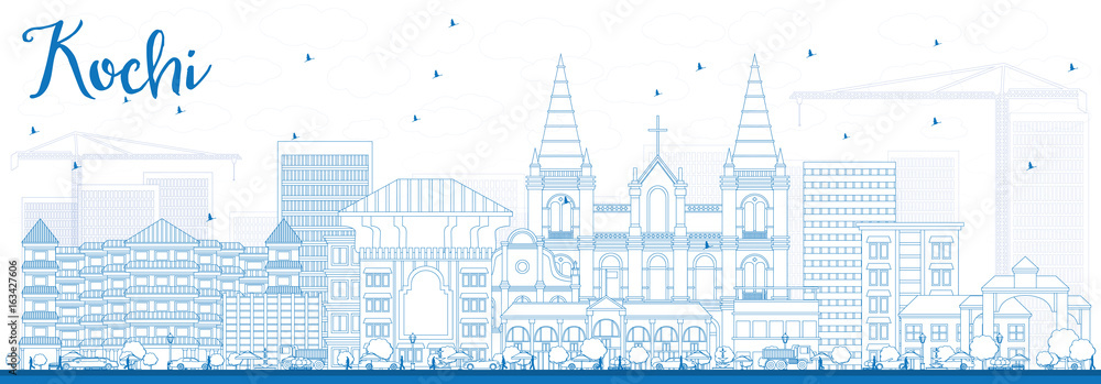 Outline Kochi Skyline with Blue Buildings.