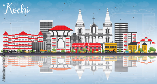 Kochi Skyline with Color Buildings, Blue Sky and Reflections.