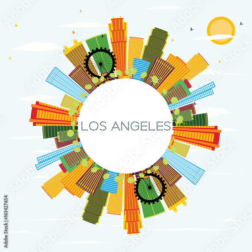 Los Angeles Skyline with Color Buildings, Blue Sky and Copy Space.