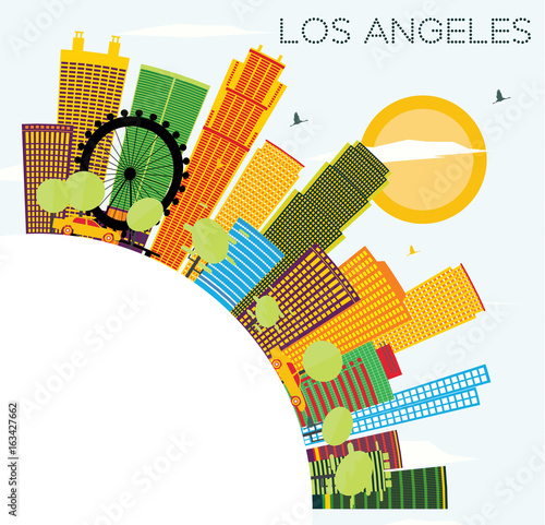 Los Angeles Skyline with Color Buildings, Blue Sky and Copy Space.