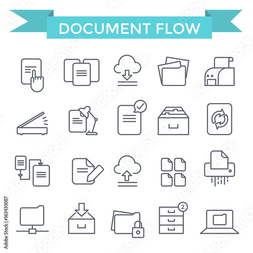 Document flow and archive icons, thin line, flat design