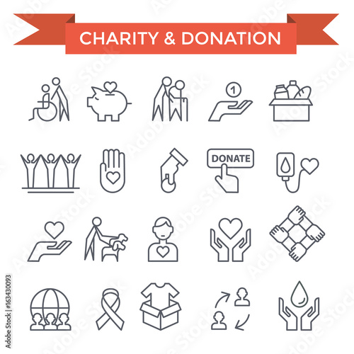 Charity, Donation and volunteer work concept icons, thin line flat design