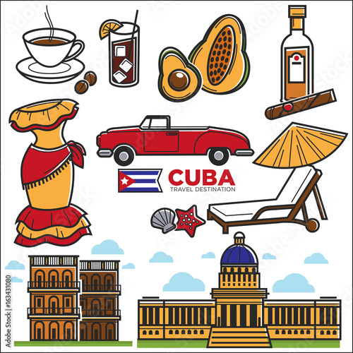 Photography Cuba travel sightseeing icons and vector Havana landmarks