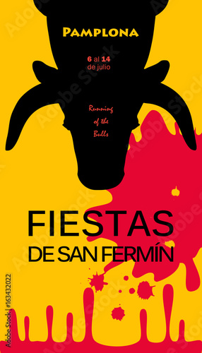 Spain fiestas or festivals abstract poster. Spanish San Fermin Festivals. Pamplona fiesta famous celebration, running of the bulls invitation. Vector banner