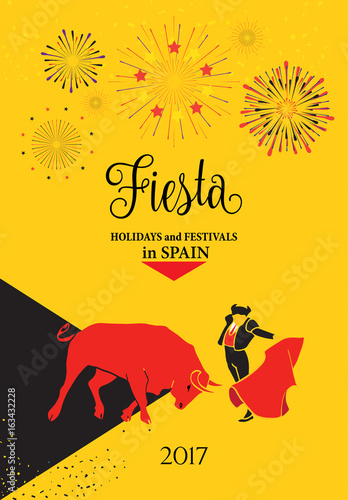 Spain fiestas or festivals abstract poster. Spanish San Fermin Festivals. Pamplona fiesta celebration, running of the bulls invitation. Vector flyer.
