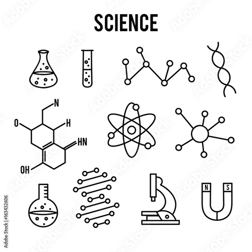 Science icons on white background. Research outline icon. Tiny line vector elements