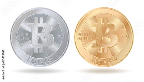 Casascius physical bitcoin.  Bit coin. Digital currency.  Cryptocurrency. Set of silver and golen coin isolated on white background. Stock vector illustration.