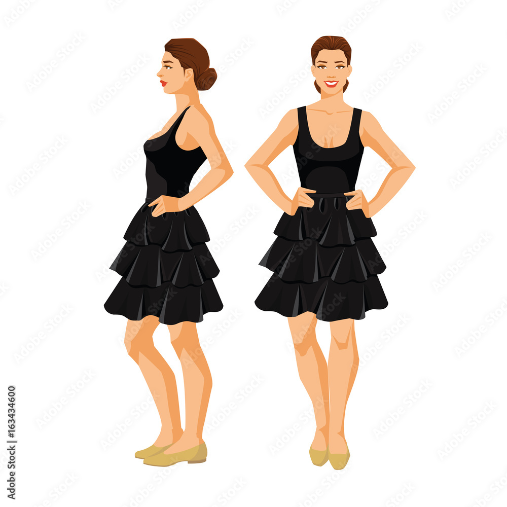 Vector illustration of woman in black skirt, top and shoes on flat heel with short sleeves on white background. Various turns woman's figure. Front view and side view. Vector illustration of woman in black skirt, top and shoes on flat heel with short sleeves on white background. Various turns woman's figure. Front view and side view.