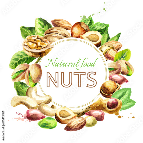 Nuts mix. Natural organic food. Watercolor hand-drawn illustration