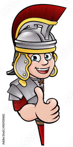 Ancient Roman Peeking Around Sign Thumbs Up