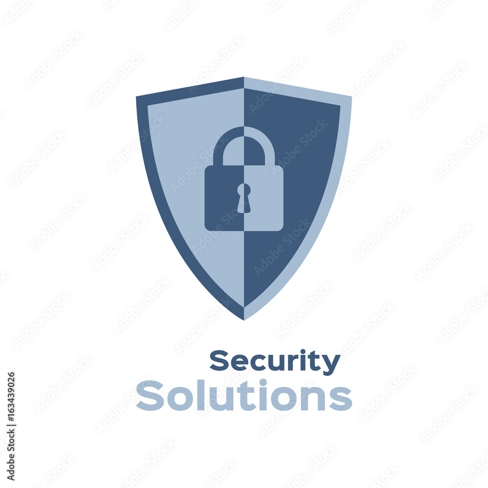 Security solutions logo, shield with lock silhouette Security solutions logo, shield with lock silhouette