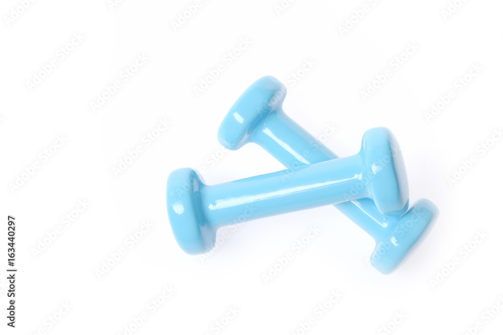 Pair of light blue dumbbells isolated on white background Pair of light blue dumbbells isolated on white background