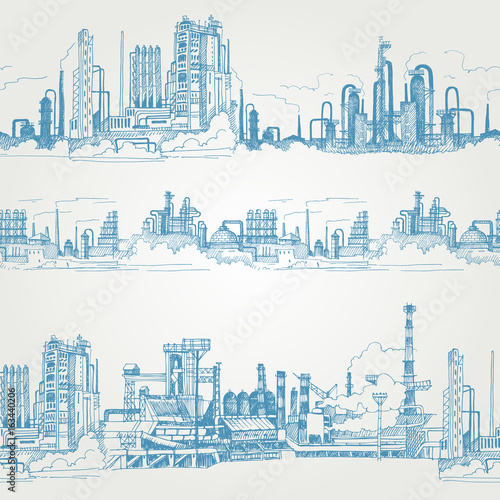 Chemical plant, the production of polymers, hand-drawn sketch vector seamless border