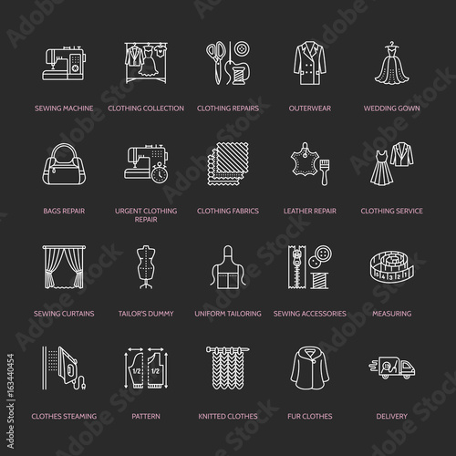 Clothing repair, alterations flat line icons set. Tailor store services - dressmaking, clothes steaming, curtains sewing. Linear signs set, logos for atelier.