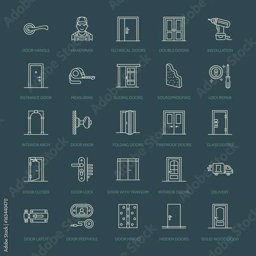 Doors installation, repair line icons. Various door types, handle, latch, lock, hinges. Interior design thin linear signs for house decor shop, handyman service.