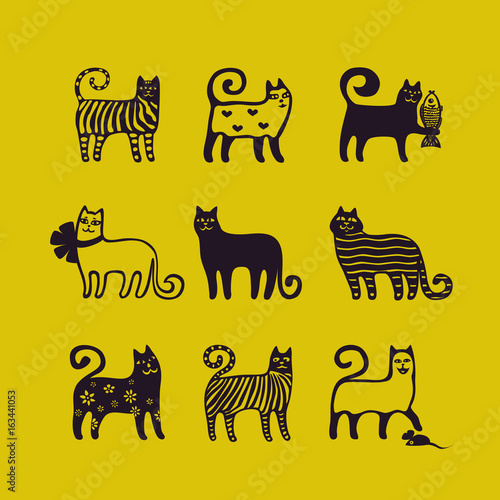 Set of different cool cats. Black silhouettes on mustard background
