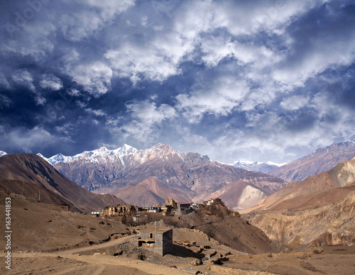 Ancient Jarkot village and Himalaya mountain landscape on Annapurna Circuit Trek, Nepal Himalaya