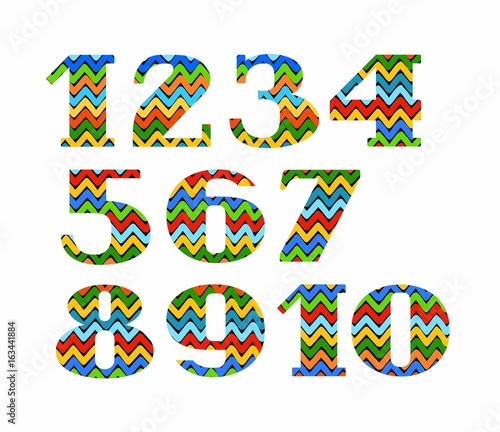 Numbers, colour, zigzag, vector. Figures with serifs. Vector font. The colored, broken lines on a black background. Figures on a white background. 