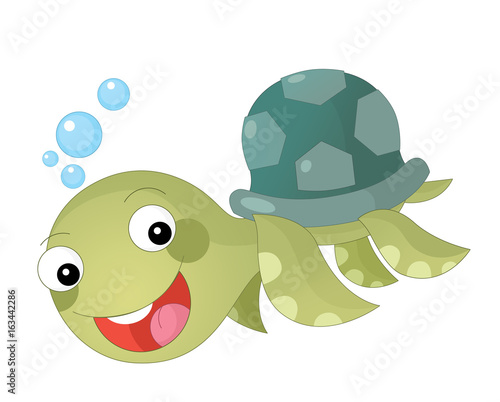 Cartoon happy and funny sea turtle swimming - illustration for children