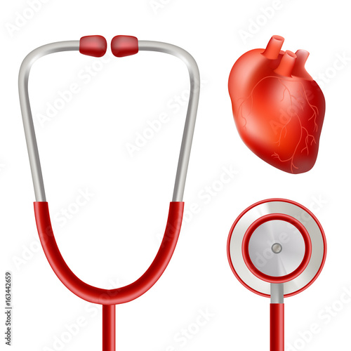 Heart Health And Stethoscope Isolated On A White Background. Realistic Vector Illustration.
