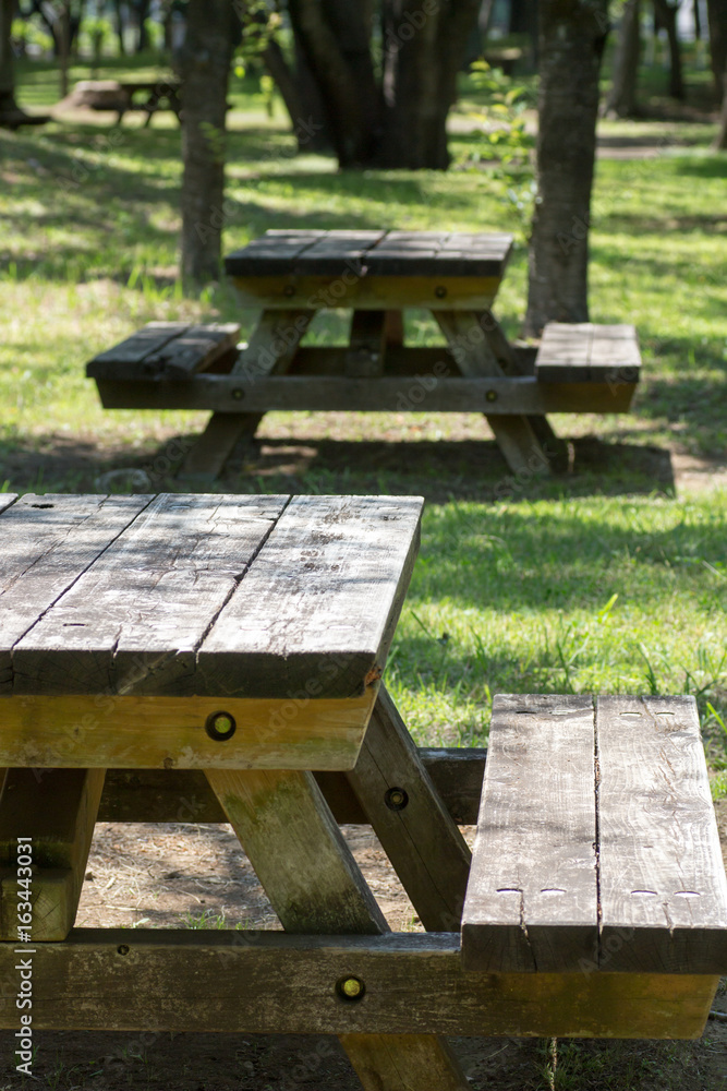 Empty picnic table in a tranquil park Empty picnic table in a tranquil park
